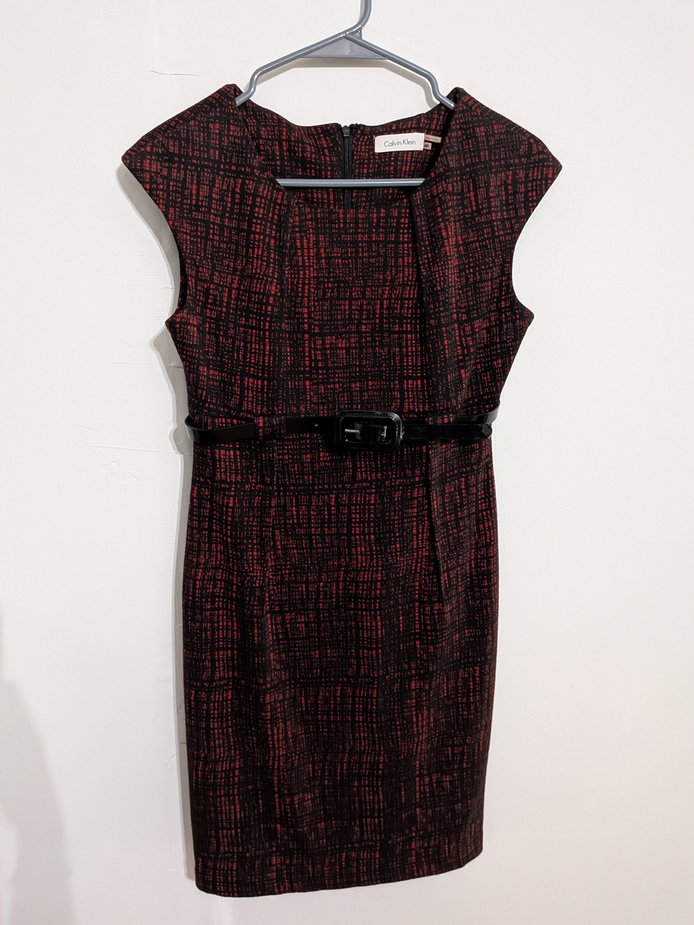 Calvin Klein Red & Black Pleated Sheath Dress with Belt